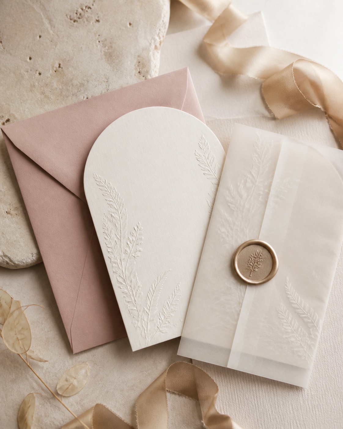 Blush and ivory wedding stationery with botanical embossing, vellum, wax seal, and silk ribbon