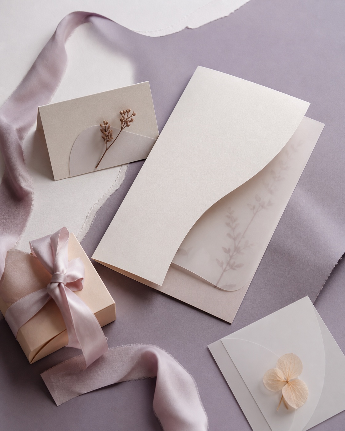 Lavender celebration stationery with a curved menu, place card, silk ribbon, and favor box